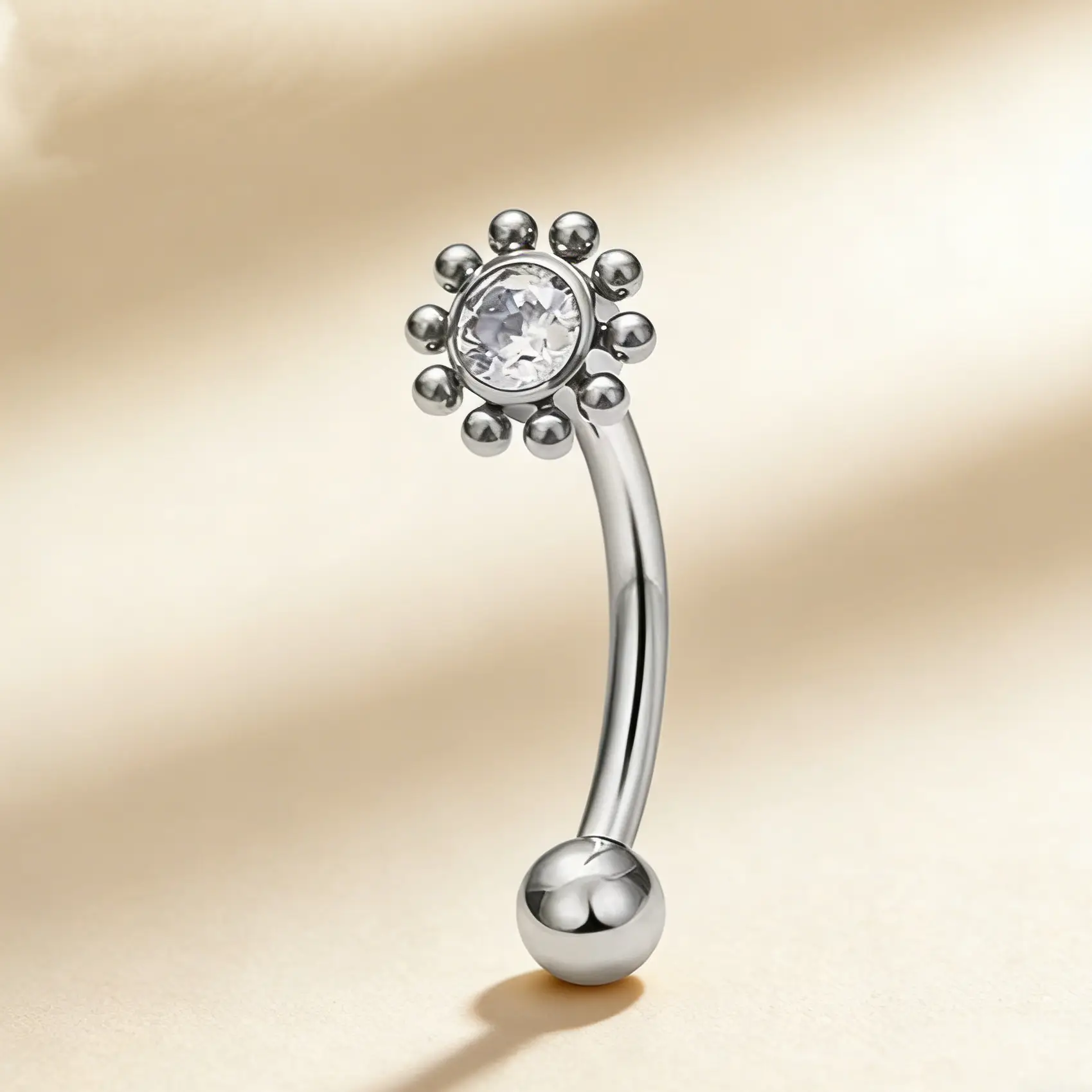 316L Stainless Steel Flower CZ Curved Barbell - Image 1