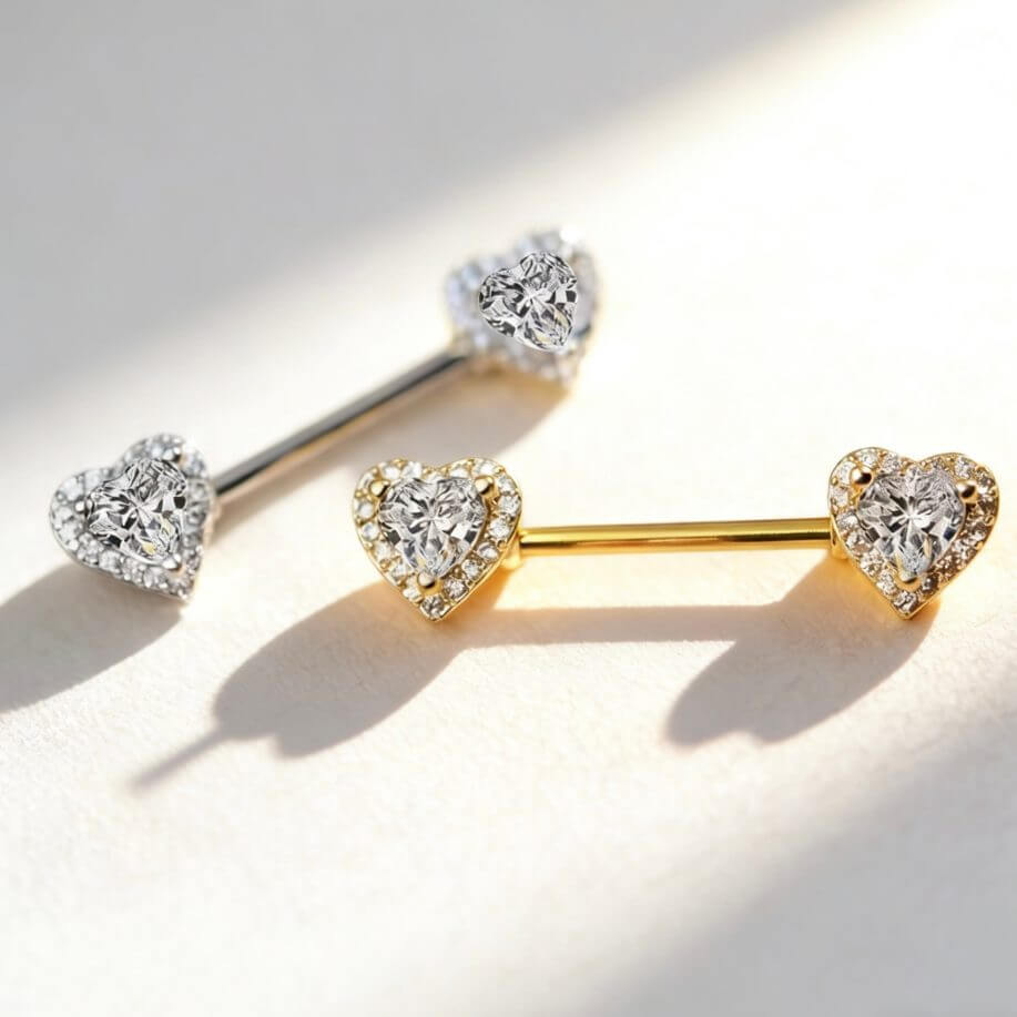 316L Stainless Steel Double Heart CZ Nipple Barbell - Image 1