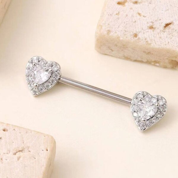 316L Stainless Steel Double Heart CZ Nipple Barbell