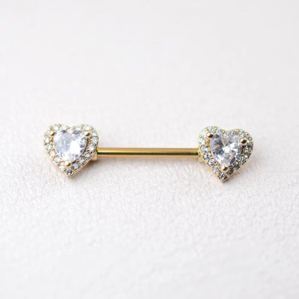 316L Stainless Steel Double Heart CZ Nipple Barbell