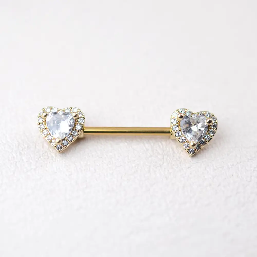 316L Stainless Steel Double Heart CZ Nipple Barbell - Image 3
