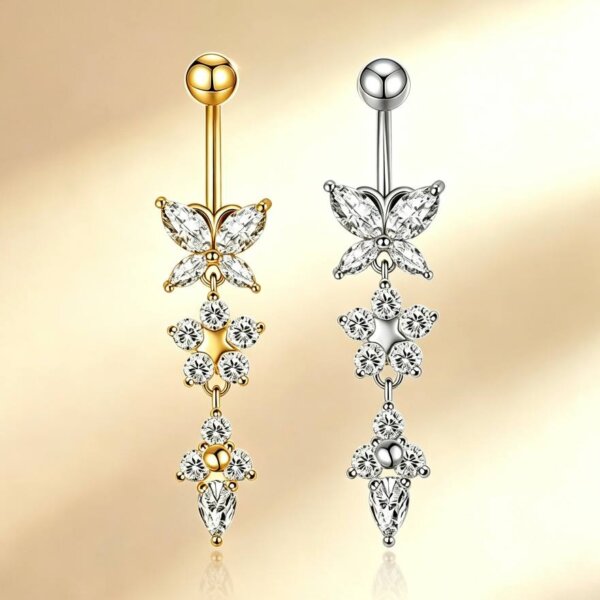 316L Stainless Steel Butterfly CZ Dangle Belly Button Ring
