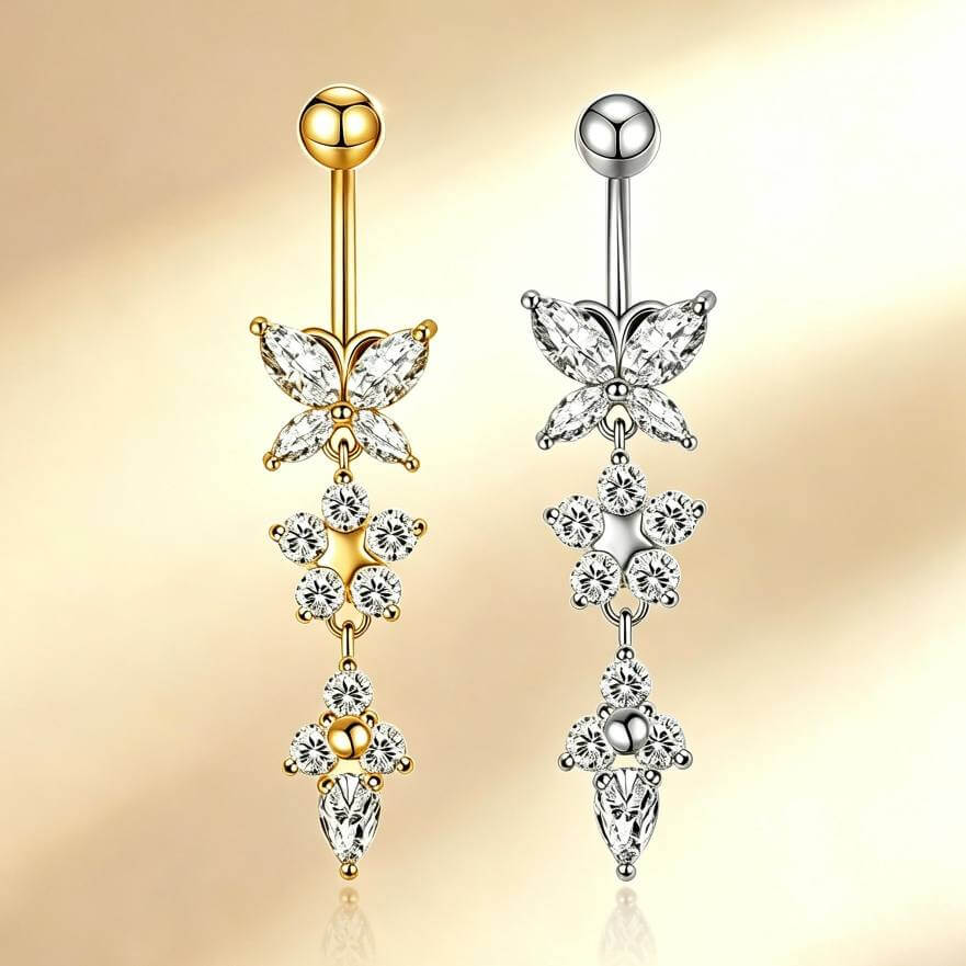 316L Stainless Steel Butterfly CZ Dangle Belly Button Ring - Image 1