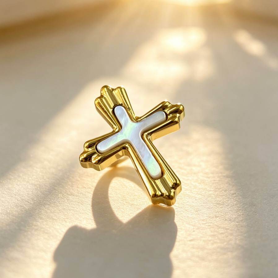 ASTM F-136 Titanium Gold-Plated Mother of Pearl Cross Labret Top - Image 1