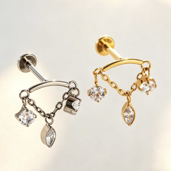 ASTM F136 Titanium CZ Chain Dangle Push-In Labret Stud