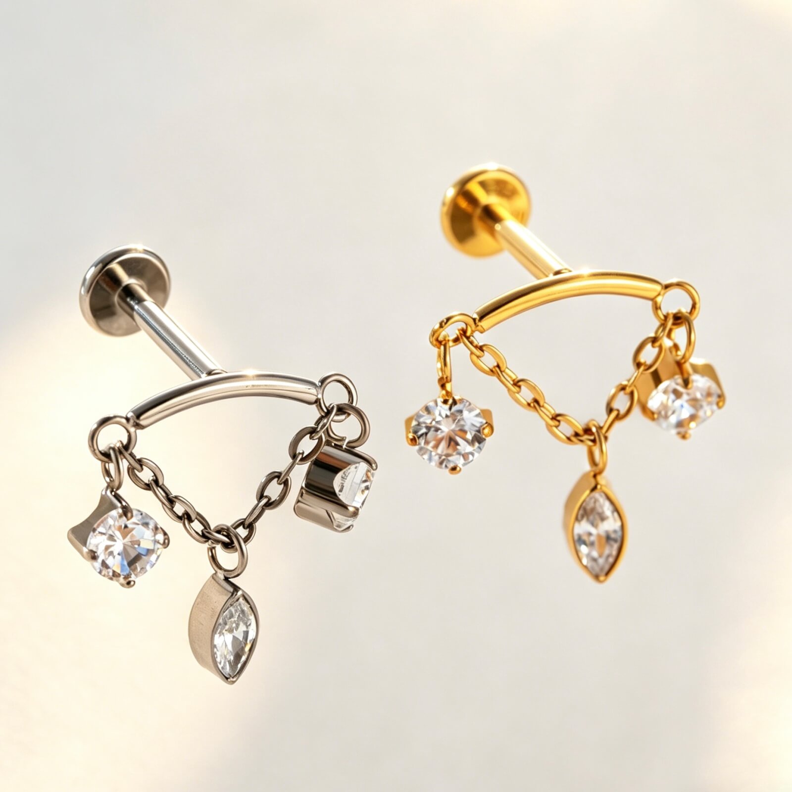 ASTM F136 Titanium CZ Chain Dangle Push-In Labret Stud - Image 1