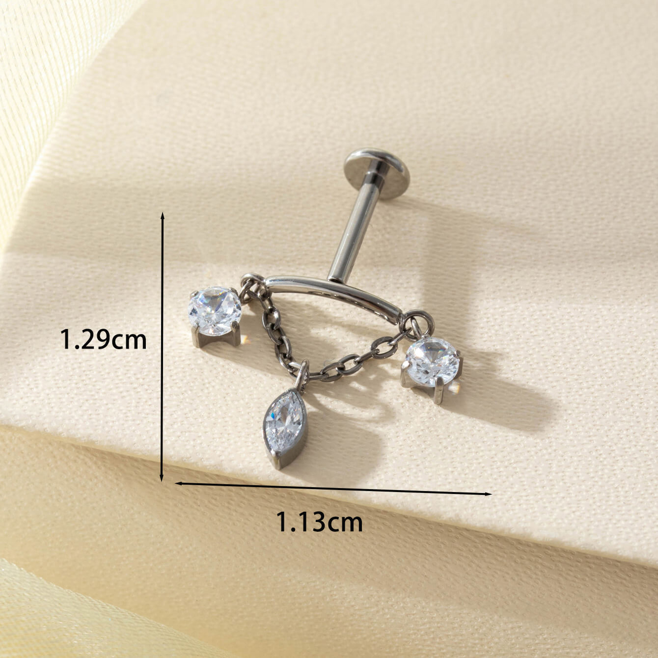 ASTM F136 Titanium CZ Chain Dangle Push-In Labret Stud - Image 2