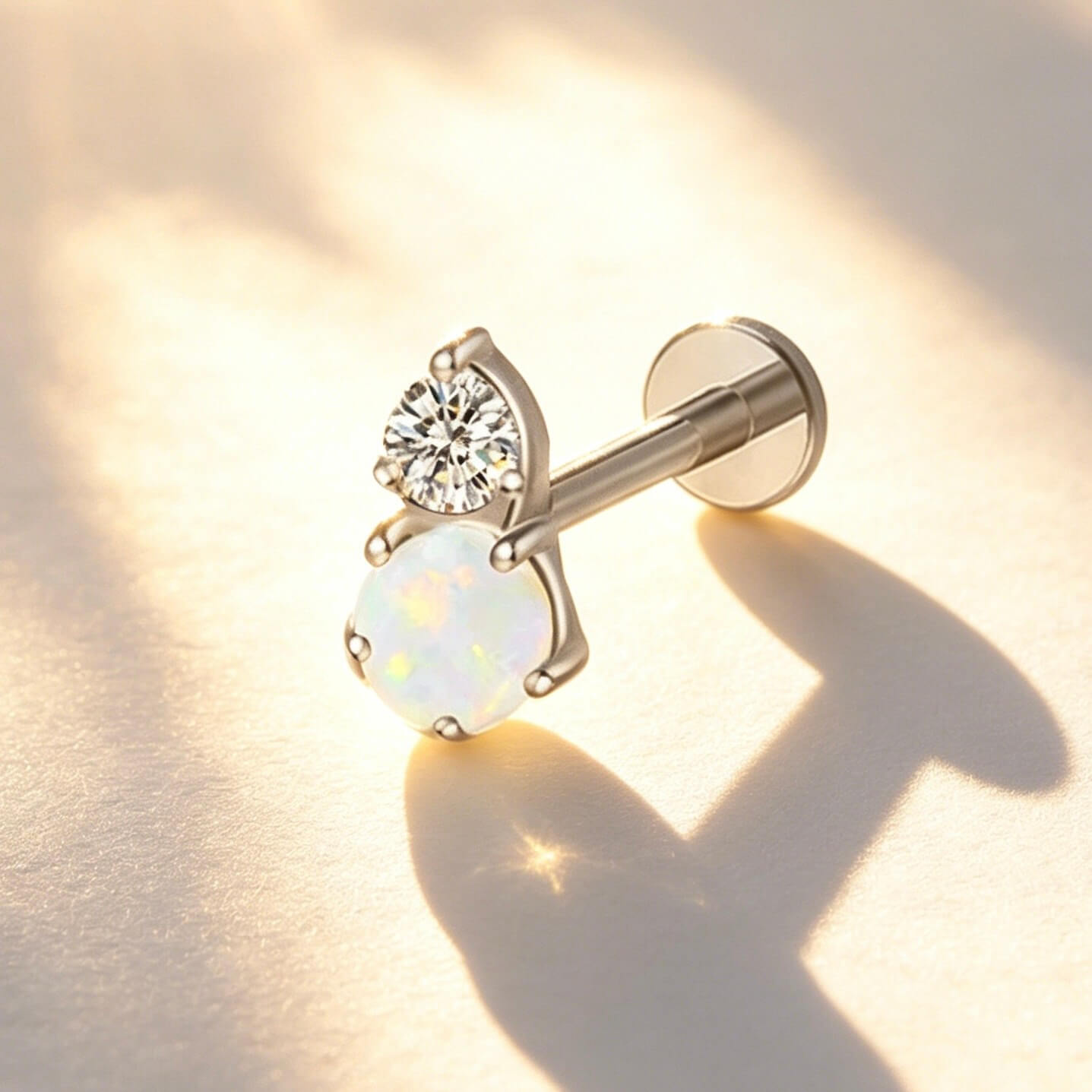 ASTM F136 Titanium Round CZ & Opal Dangle Labret Stud - Image 1