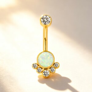 G23 F136 Titanium Floral Opal CZ Dangle Curved Bar Navel Belly Ring