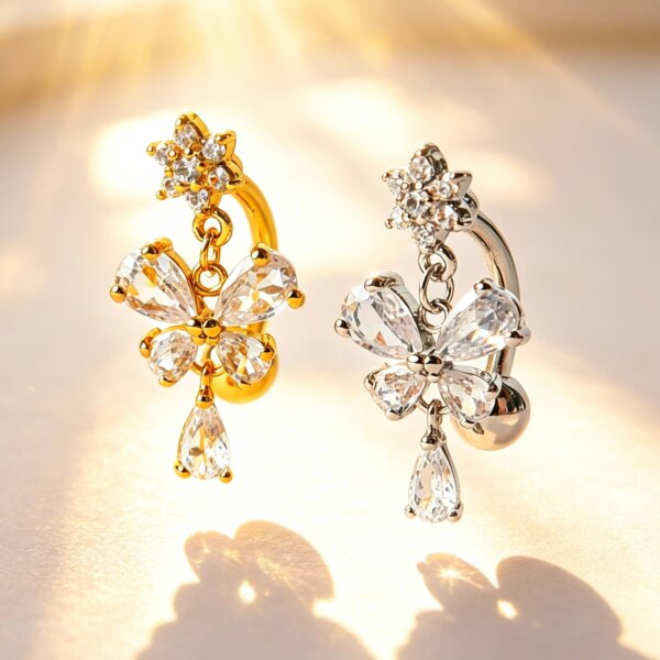 316L Stainless Steel Butterfly & Teardrop CZ Dangle Belly Button Ring