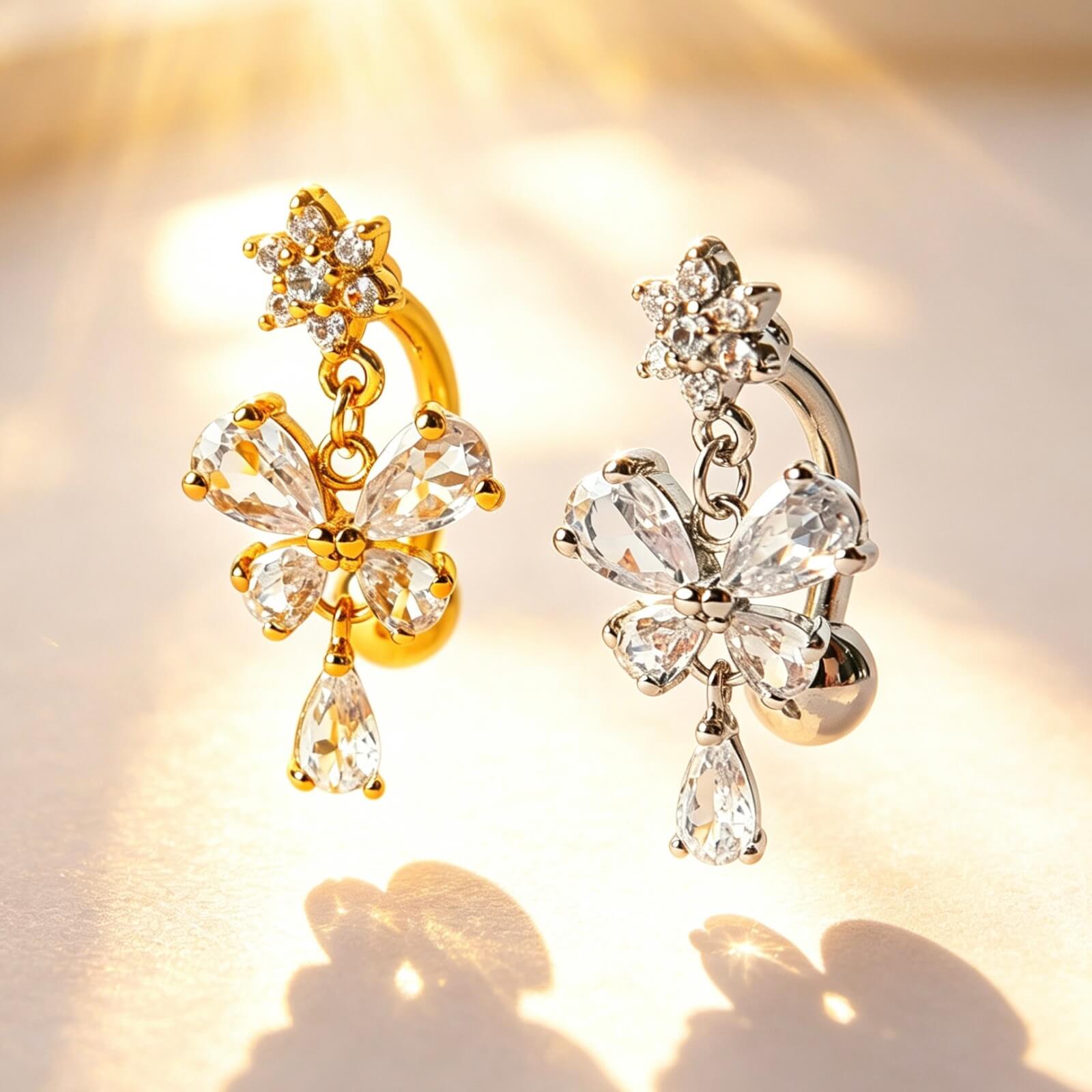 316L Stainless Steel Butterfly & Teardrop CZ Dangle Belly Button Ring - Image 1
