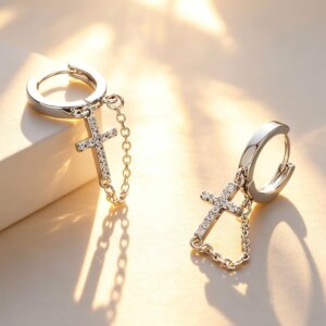 316L Stainless Steel Cross CZ Chain Tassel Hoop Earrings