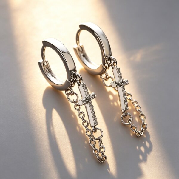 316L Stainless Steel Cross CZ Chain Tassel Hoop Earrings