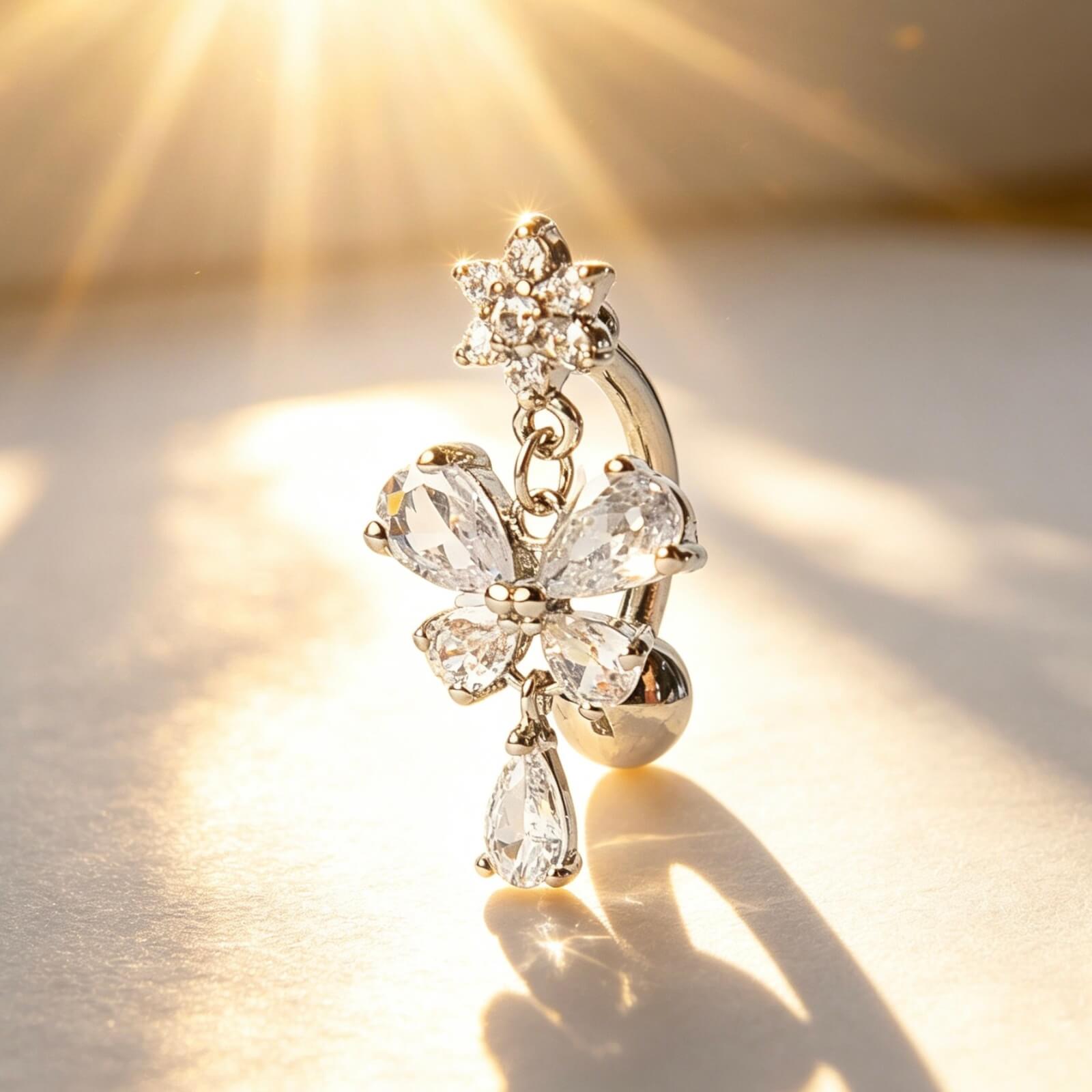 316L Stainless Steel Butterfly & Teardrop CZ Dangle Belly Button Ring - Image 2