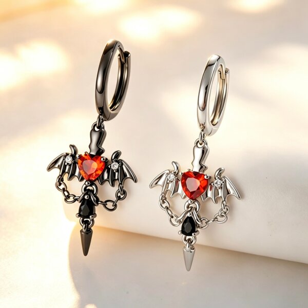 316L Stainless Steel Devil Wing CZ Chain Dangle Hoop Earrings