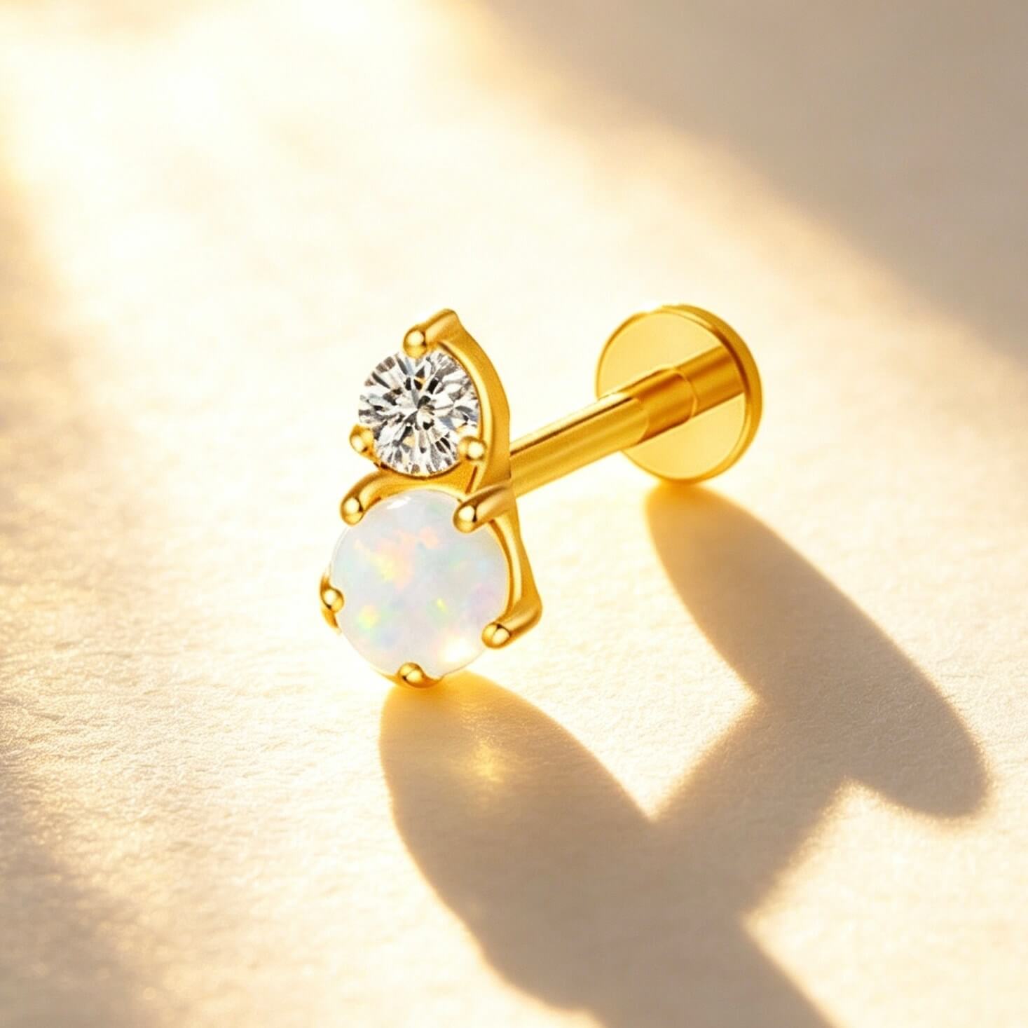 ASTM F136 Titanium Round CZ & Opal Dangle Labret Stud - Image 2