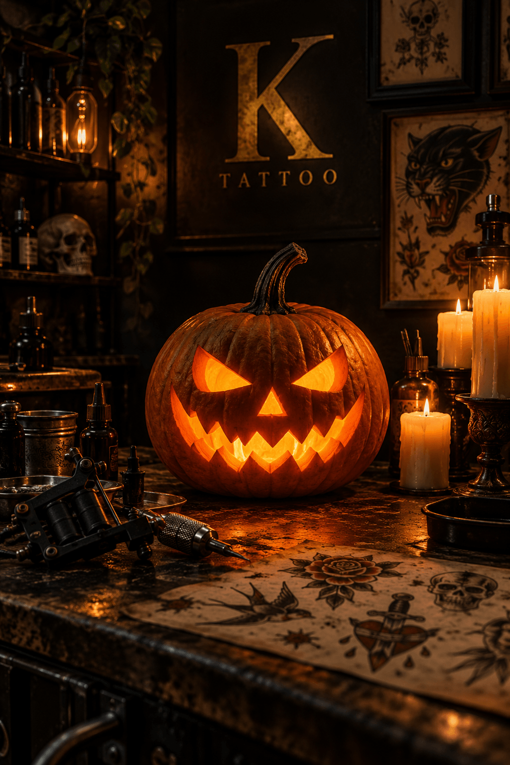 A glowing Halloween pumpkin on a candlelit tattoo studio workbench